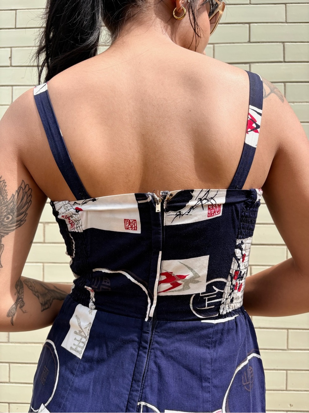 Vintage 1950s Alfred Shaheen Navy Japanese Print Romper Swimsuit Size Small - Picture 7 of 12